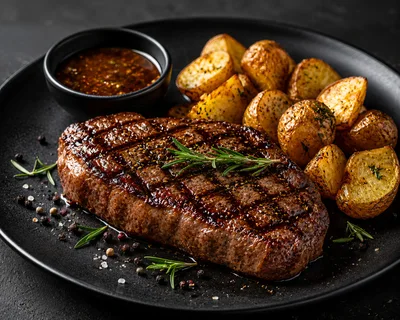 Grilled Beef Steak With Roasted Potatoes And Sauce