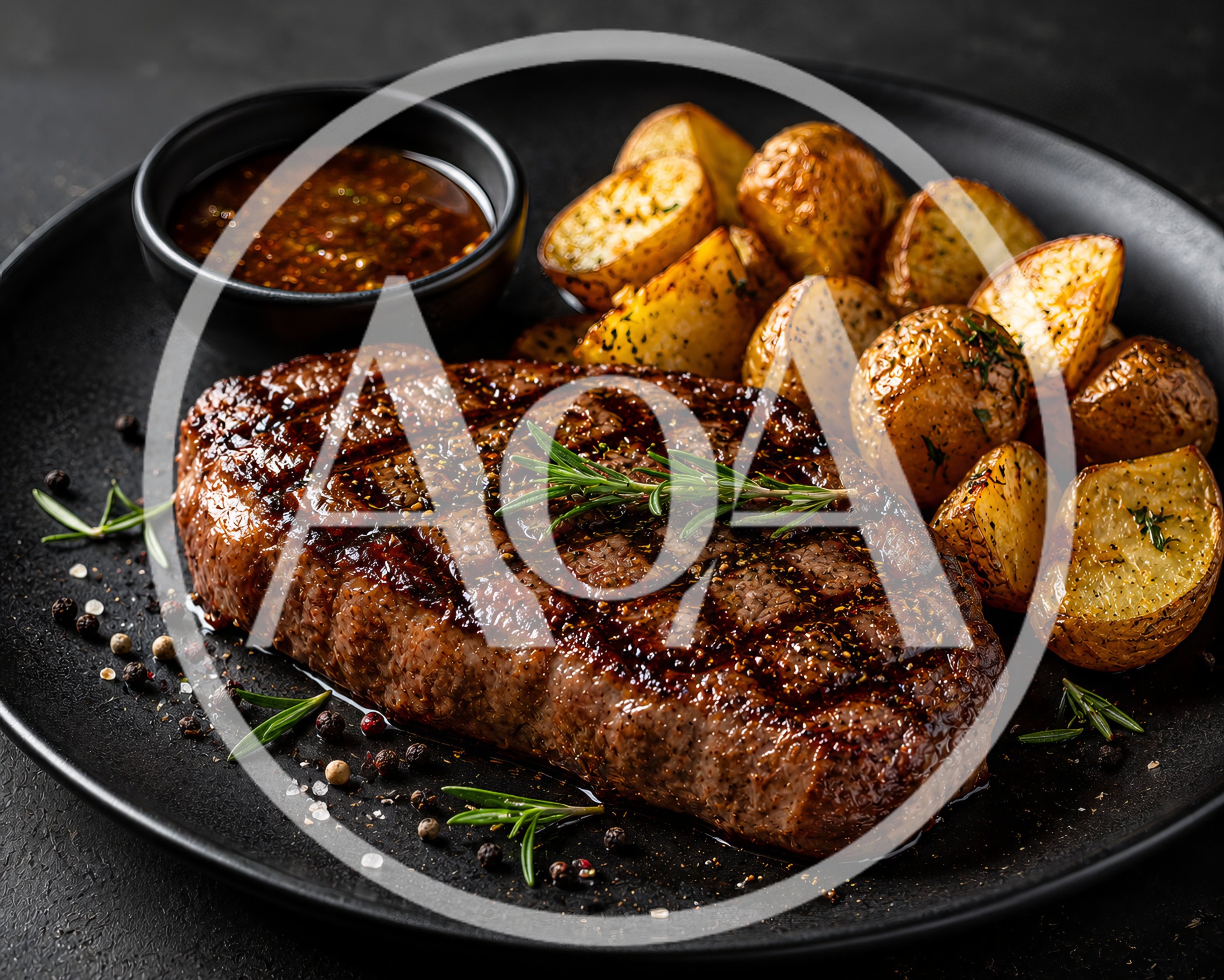 Grilled Beef Steak With Roasted Potatoes And Sauce
