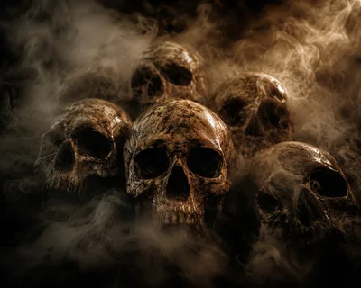 Human Skulls Surrounded By Thick Dark Smoke