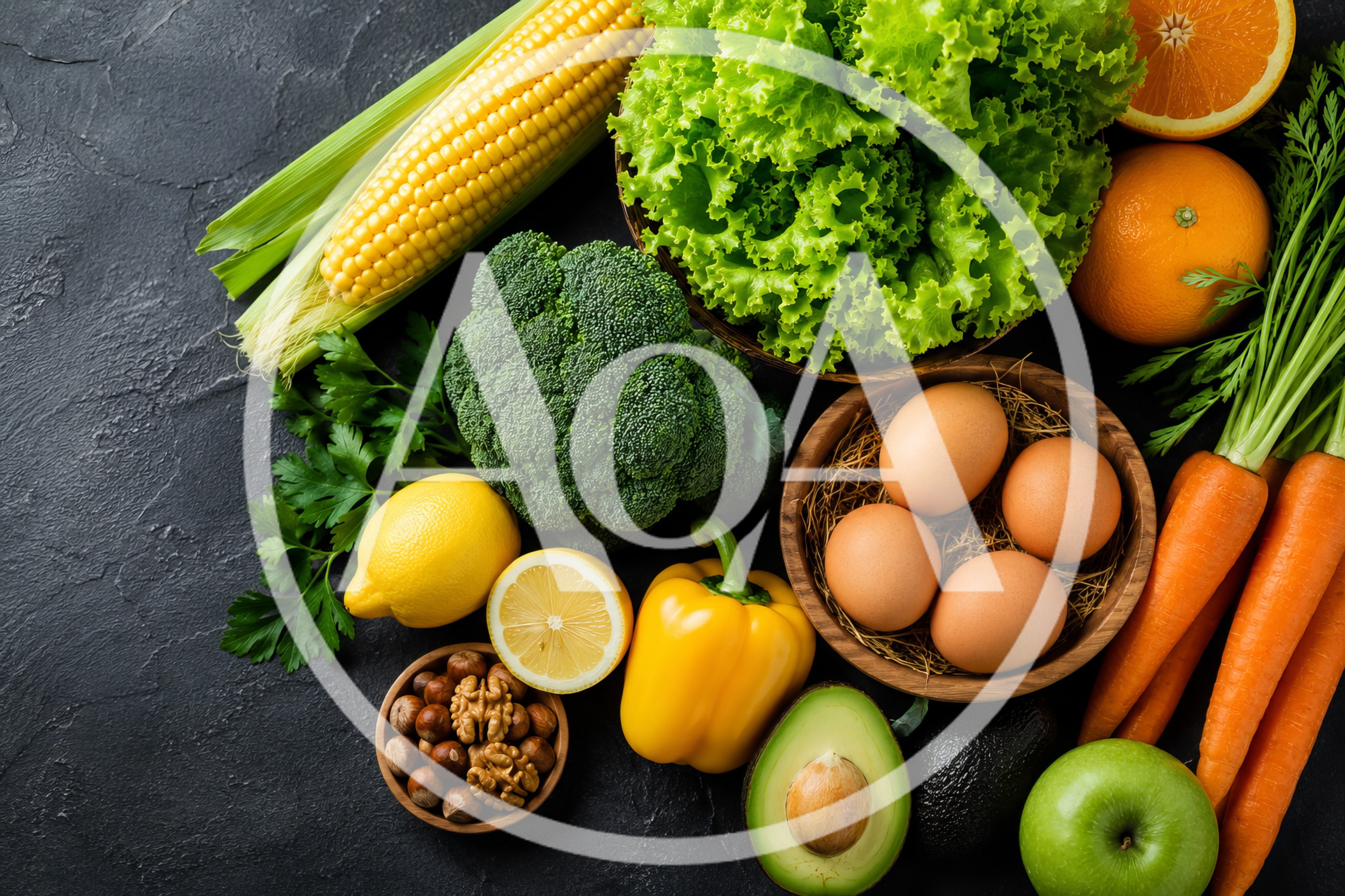 Fresh Organic Vegetables and Fruits on Dark Background