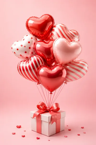 Heart Shaped Balloons Tied To A Gift Box