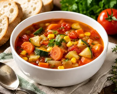 Bowl of Fresh Vegetable Soup with Bread