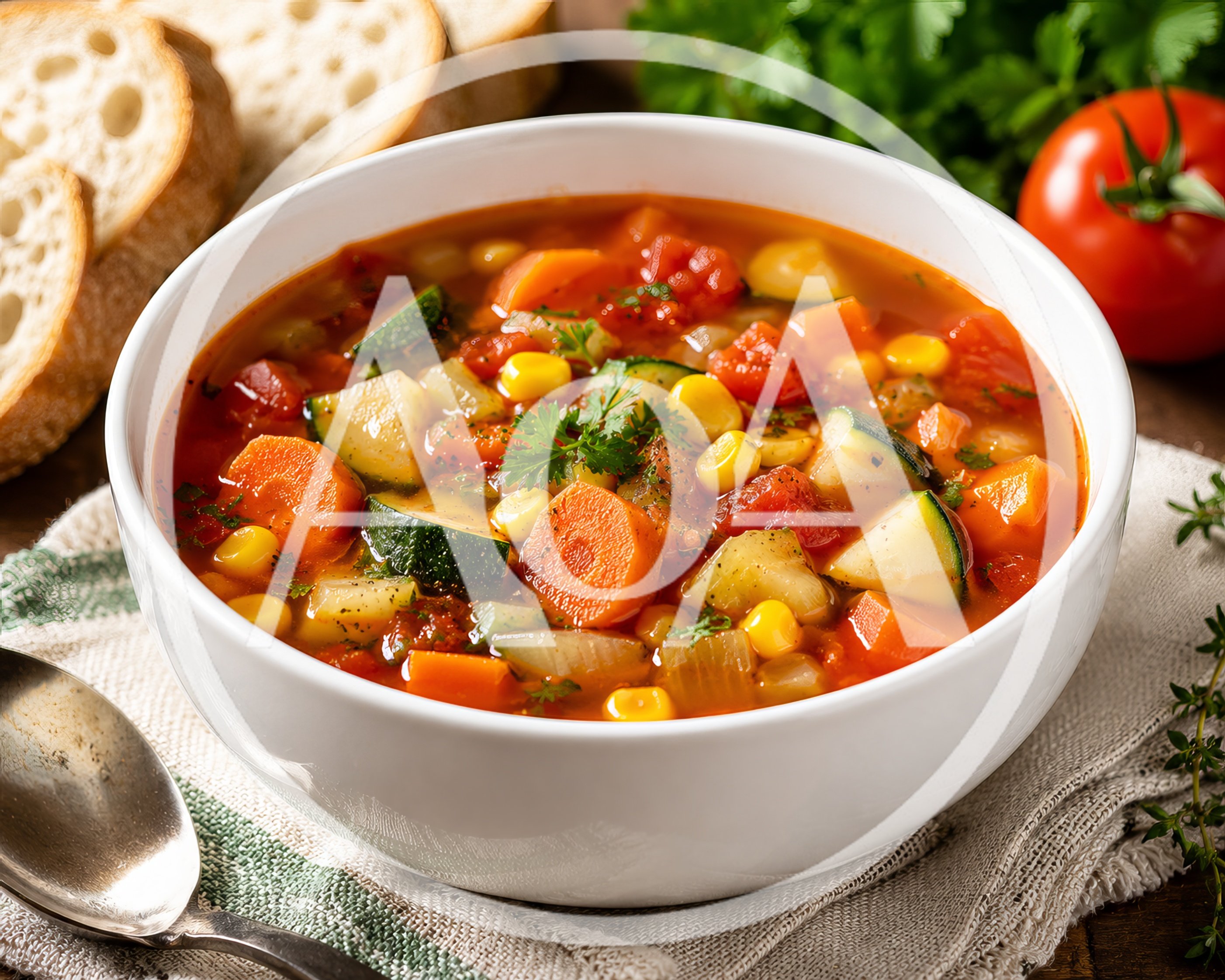 Bowl of Fresh Vegetable Soup with Bread