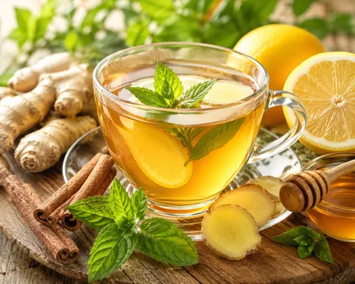Glass Cup Of Ginger Lemon Tea With Honey