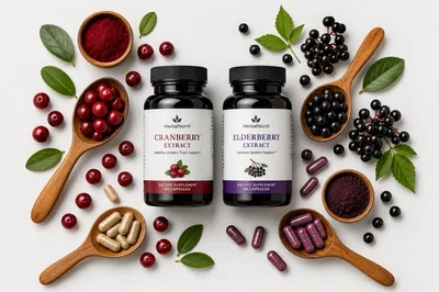 Cranberry and Elderberry Extract Supplement Bottles with Ingredients