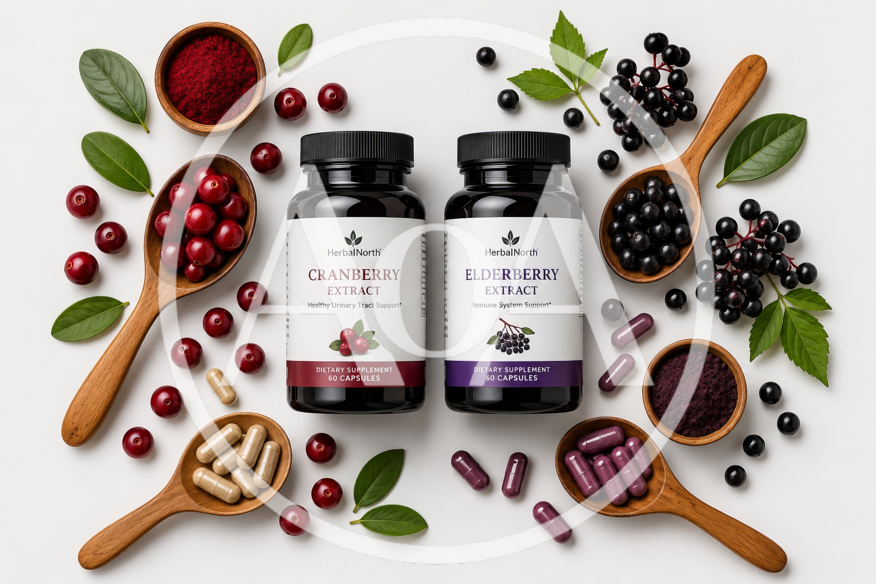 Cranberry and Elderberry Extract Supplement Bottles with Ingredients