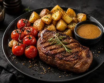 Grilled Steak with Roasted Potatoes and Tomatoes