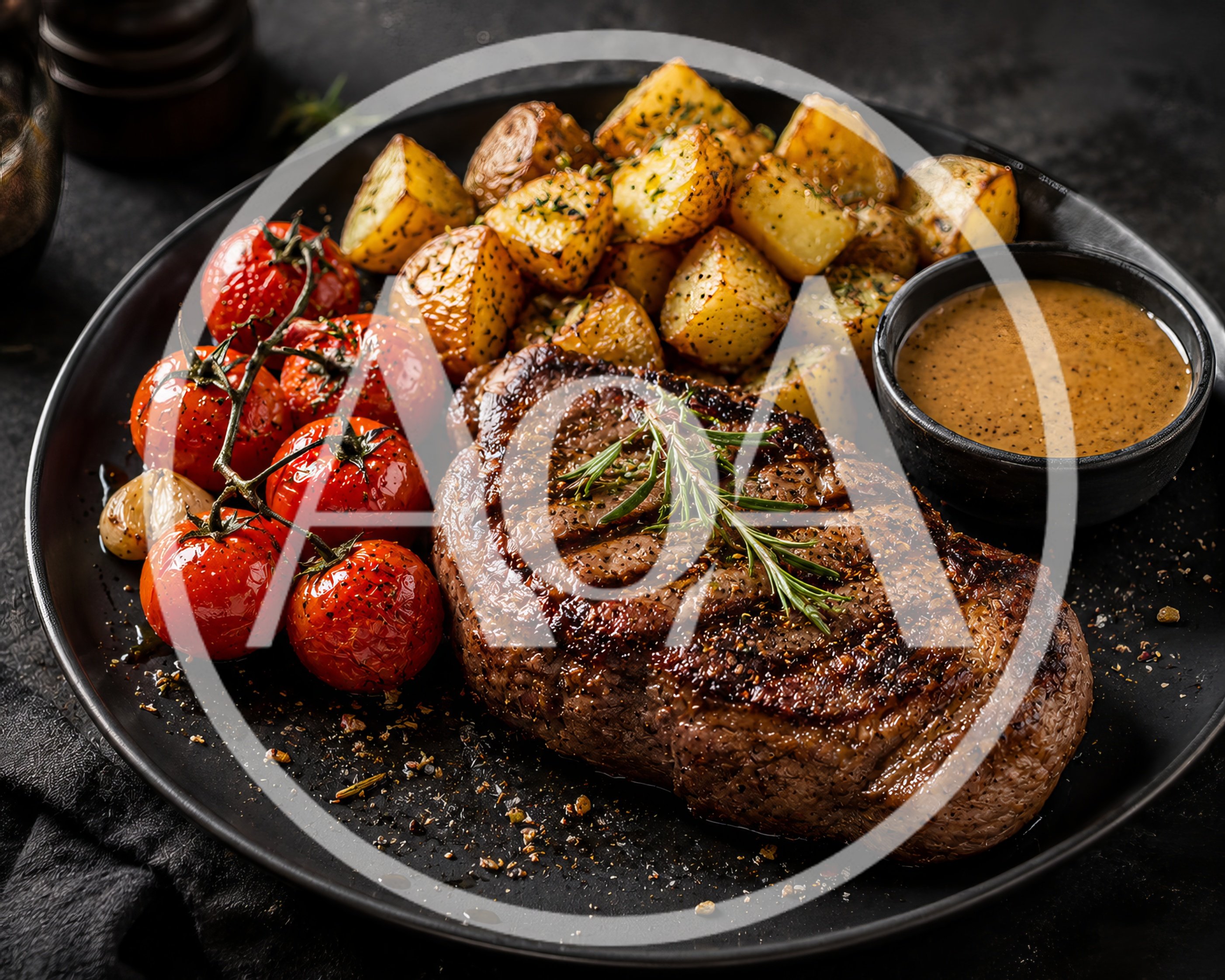 Grilled Steak with Roasted Potatoes and Tomatoes