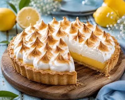 Fresh Lemon Meringue Tart On A Wooden Board