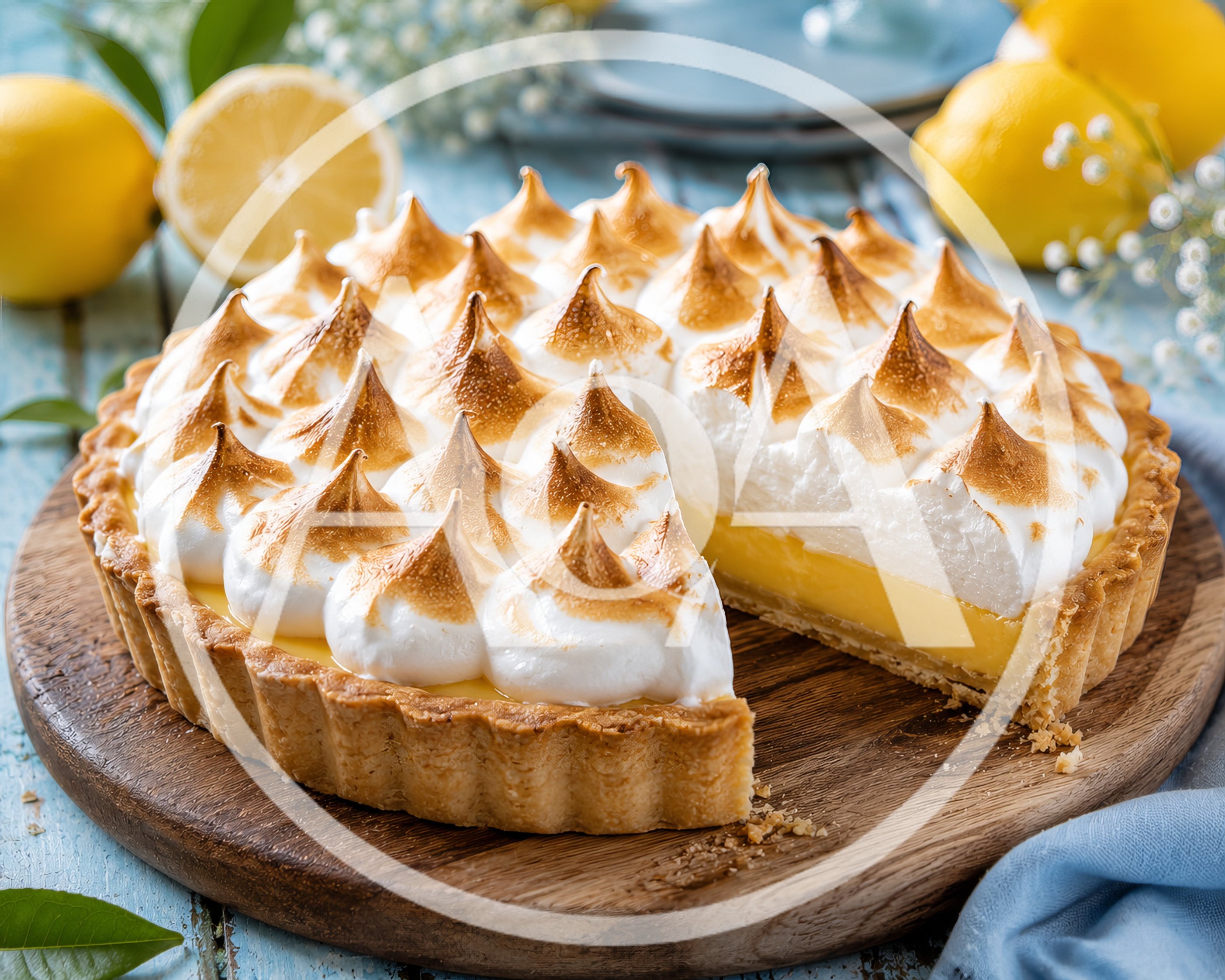 Fresh Lemon Meringue Tart On A Wooden Board