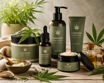 Cannabis Infused Skincare Product Collection On Wooden Table