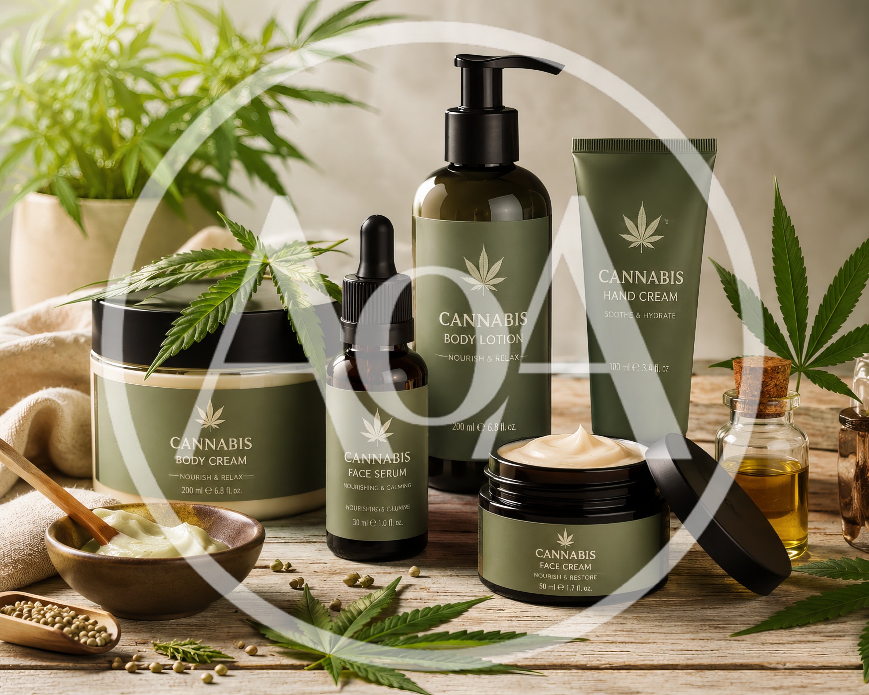 Cannabis Infused Skincare Product Collection On Wooden Table