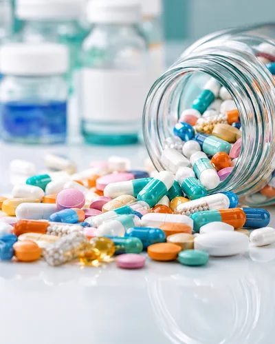 Assorted Pharmaceutical Pills Spilling From Glass Jar