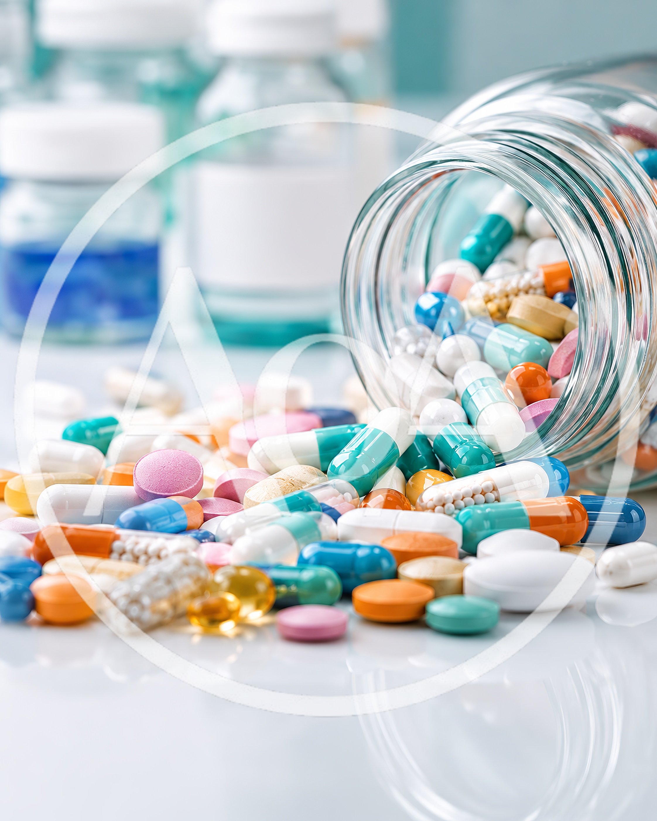 Assorted Pharmaceutical Pills Spilling From Glass Jar