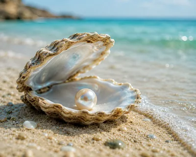 Open Oyster Shell With A Single Pearl On Beach