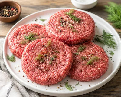 Raw Beef Burger Patties On A White Plate