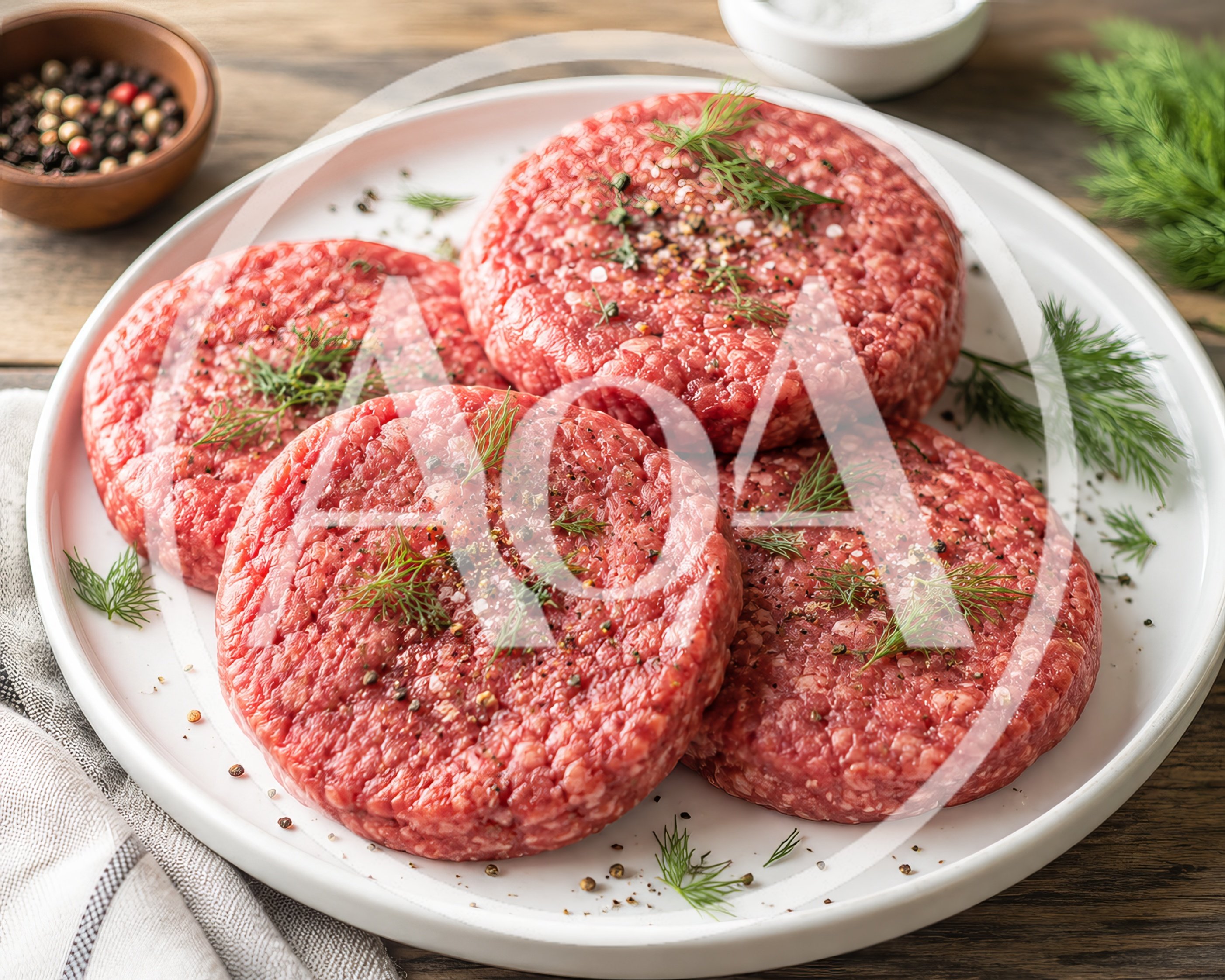 Raw Beef Burger Patties On A White Plate
