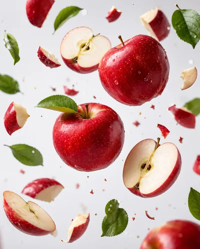 Fresh Red Apples Floating With Leaves And Slices