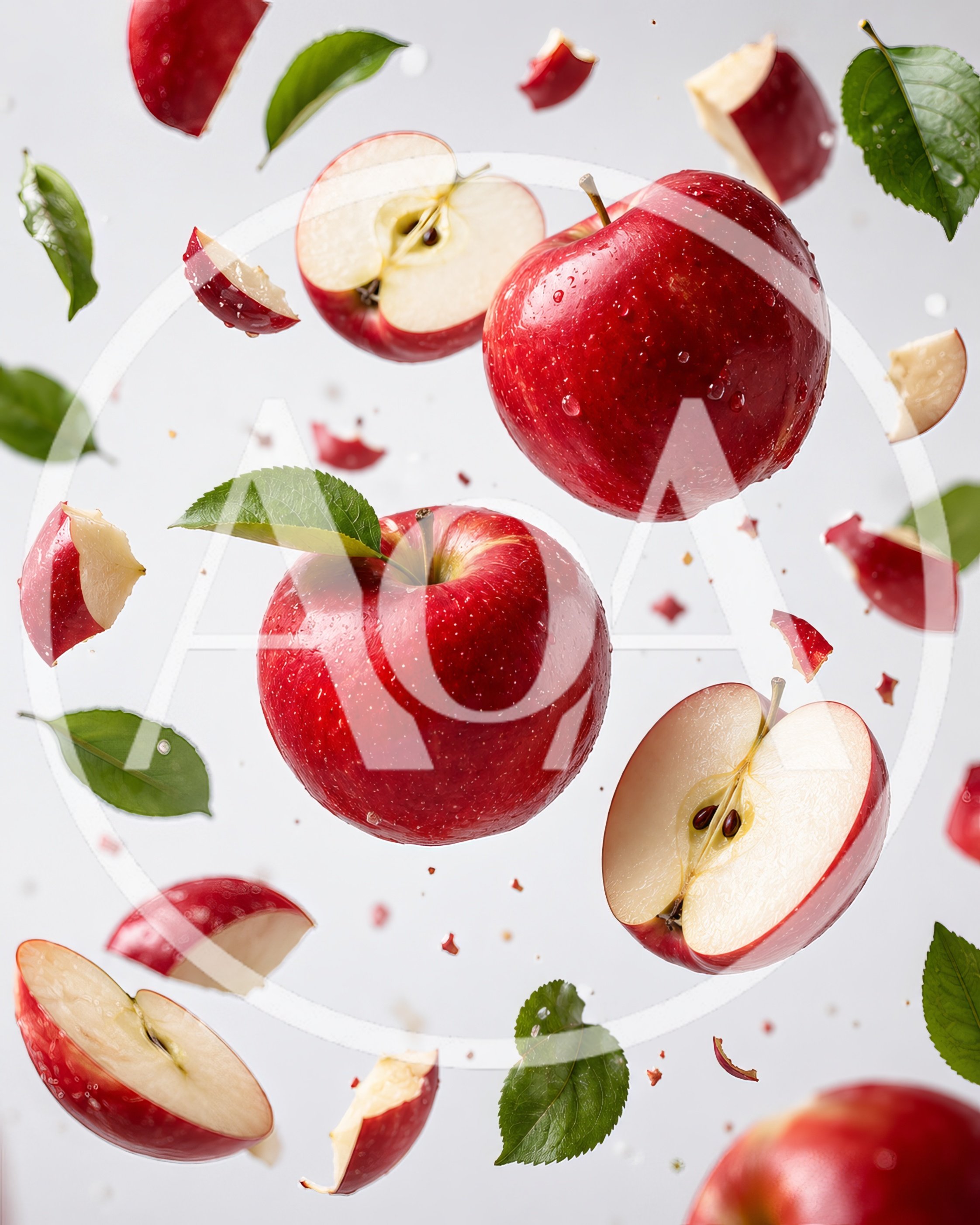 Fresh Red Apples Floating With Leaves And Slices