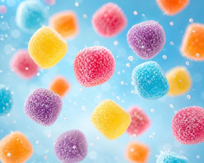 Colorful Sugar Coated Gummy Candies Floating In Air
