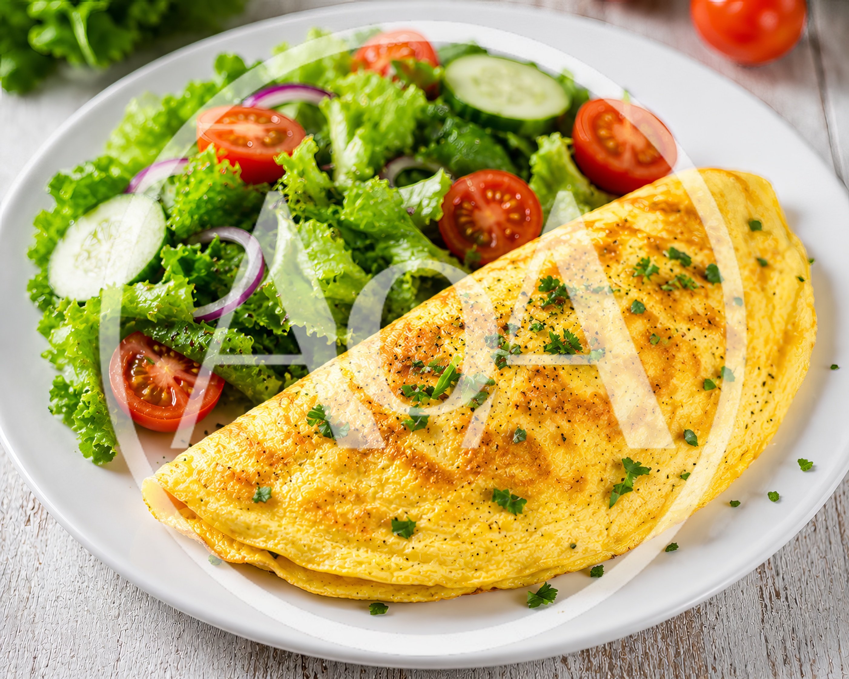 Fresh Omelet With Garden Salad On White Plate