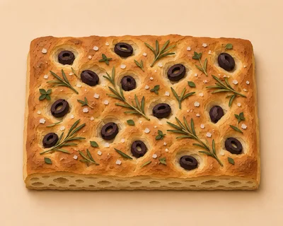 Freshly Baked Focaccia Bread With Olives And Rosemary