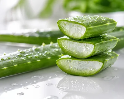Stacked Fresh Aloe Vera Slices With Water Droplets