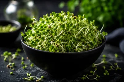 Fresh Green Microgreens In A Black Bowl
