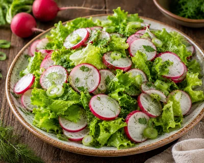 Fresh Radish and Lettuce Salad in Ceramic Bowl