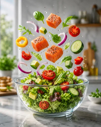 Fresh Salmon Salad Ingredients Floating Above Glass Bowl