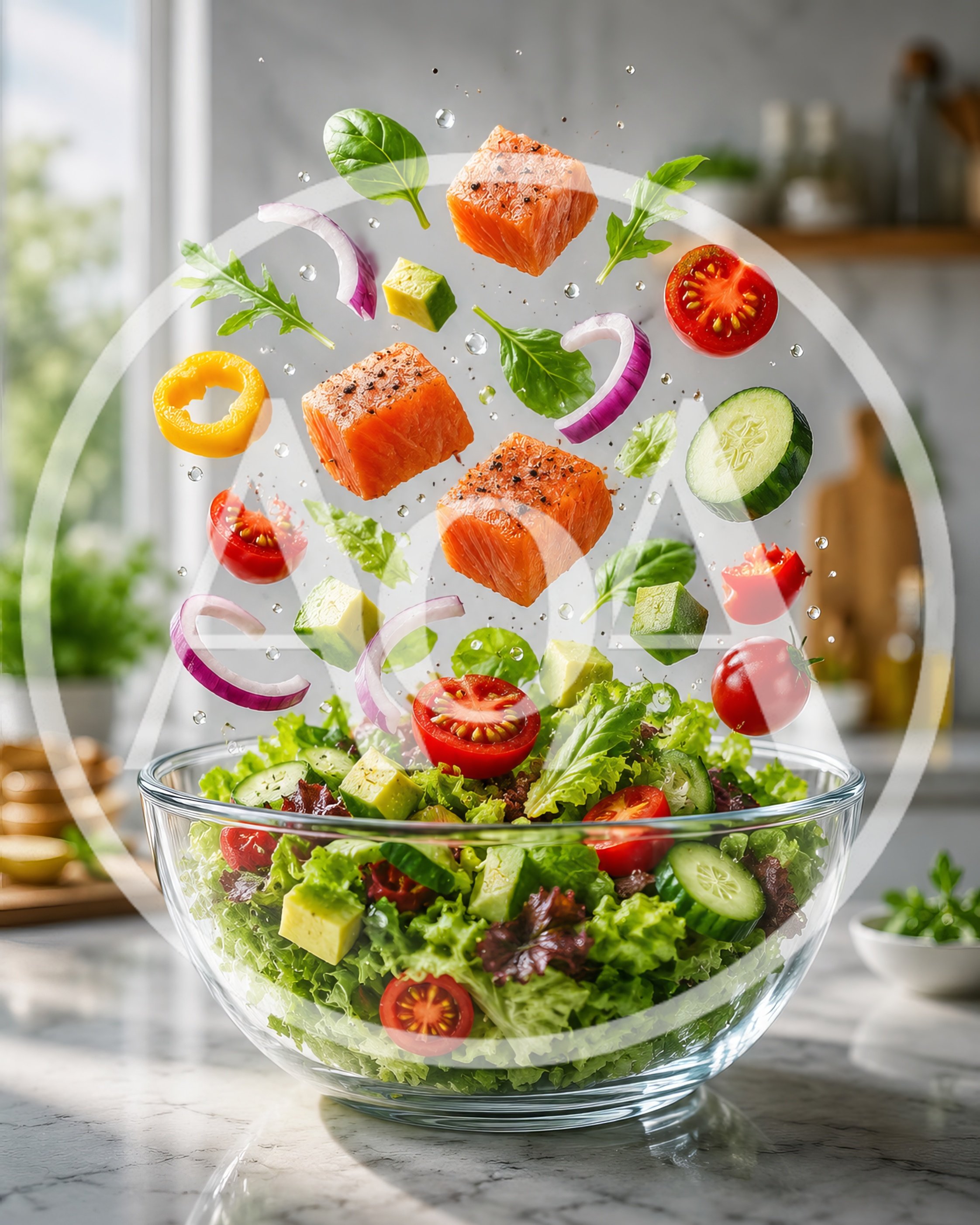 Fresh Salmon Salad Ingredients Floating Above Glass Bowl
