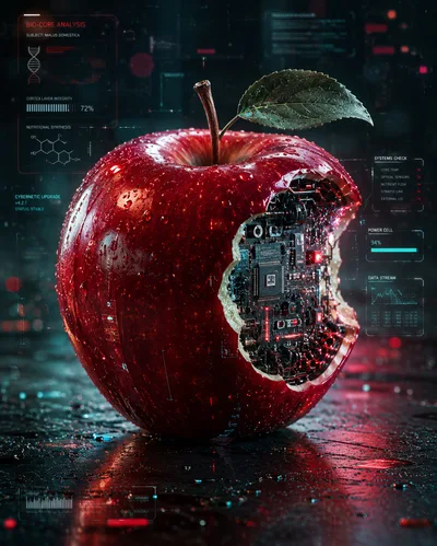 Cybernetic Red Apple With Internal Circuitry