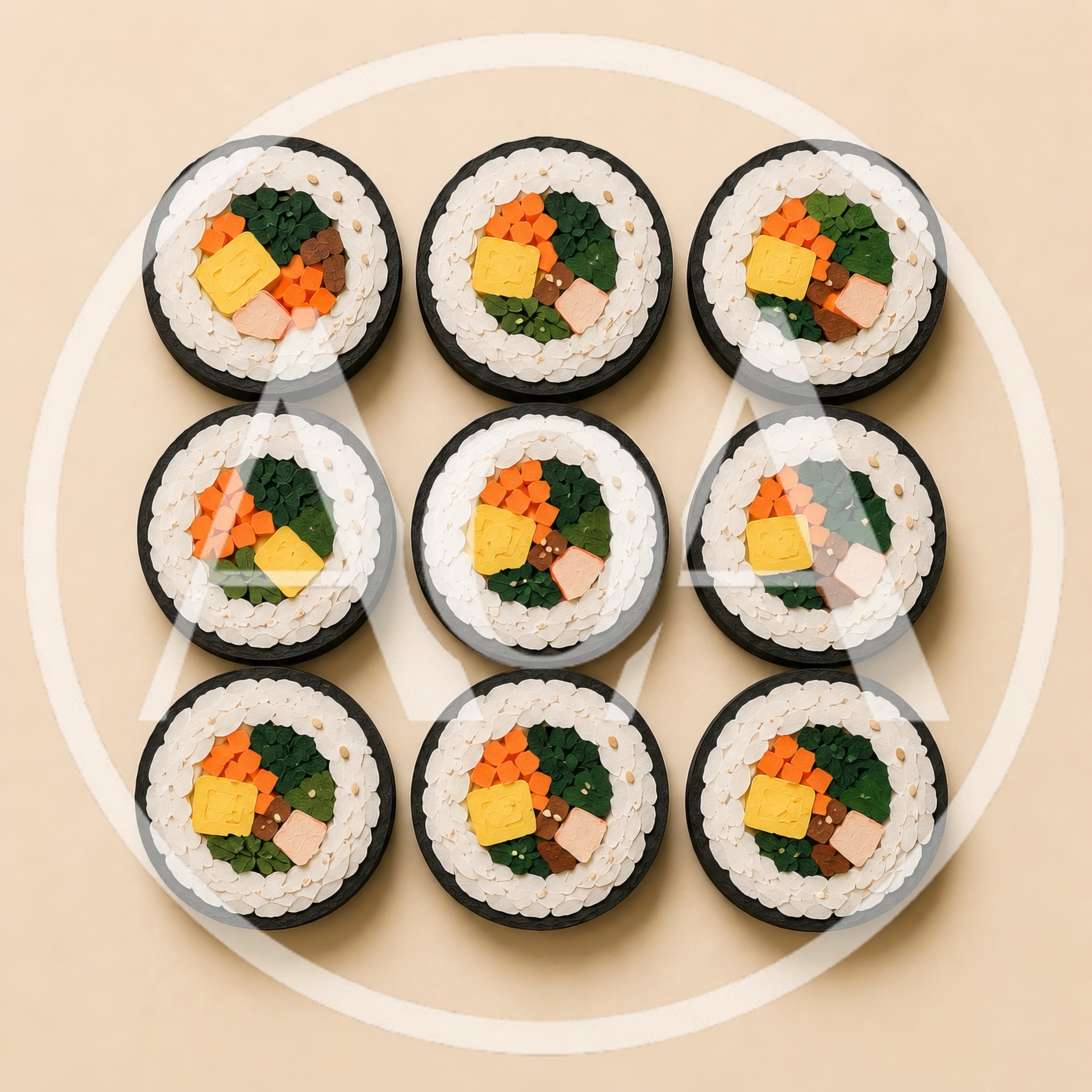 Top View Of Nine Sushi Rolls On Beige Background