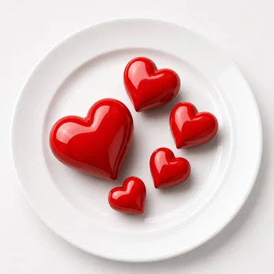 Five Glossy Red Hearts On A White Plate