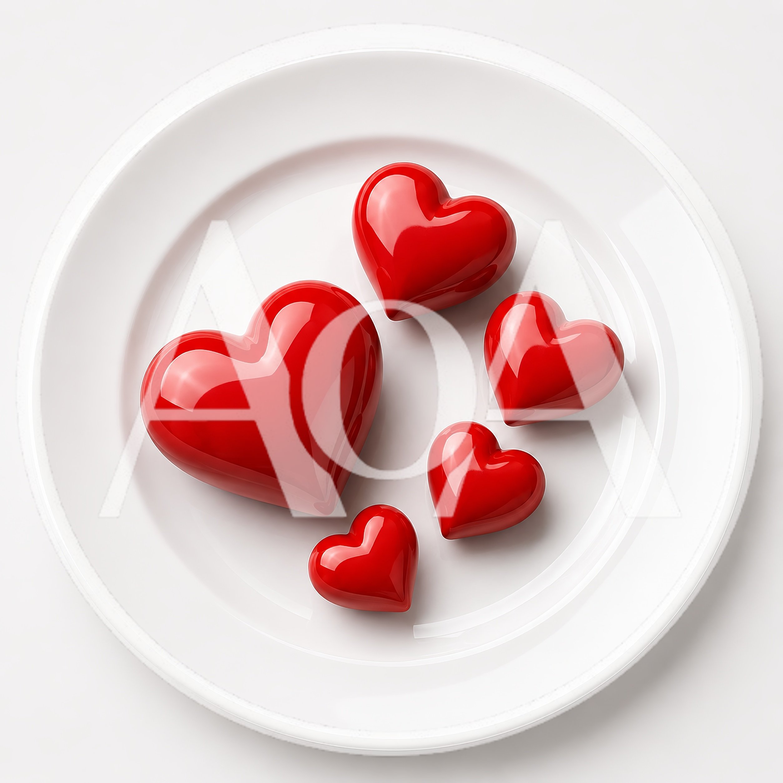 Five Glossy Red Hearts On A White Plate