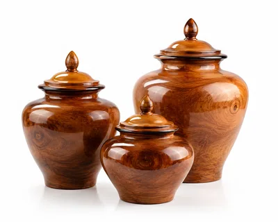 Three Polished Wooden Urns With Lids