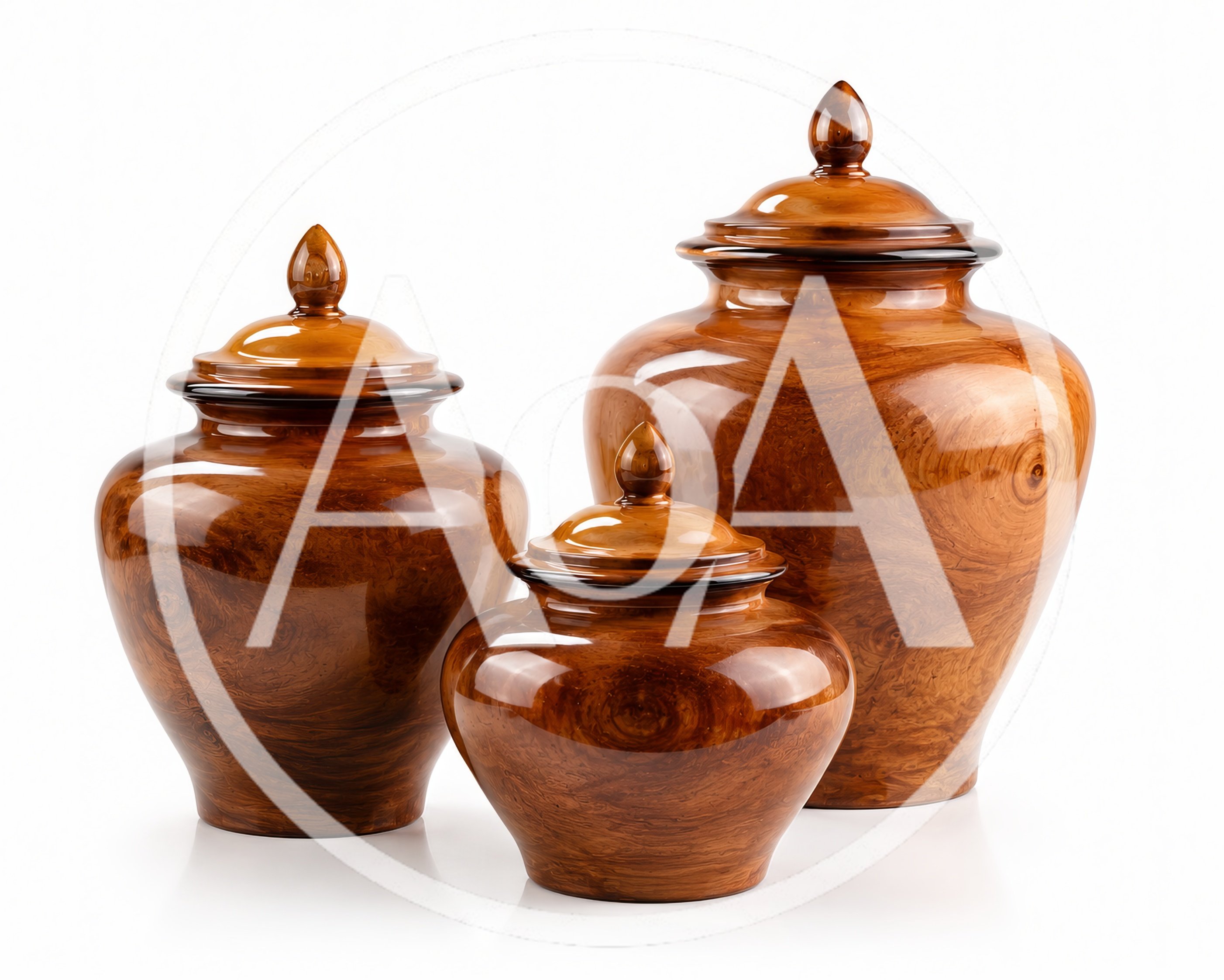 Three Polished Wooden Urns With Lids