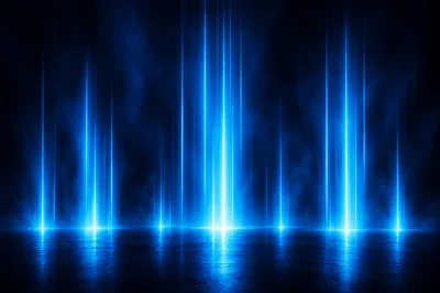 Abstract Blue Neon Light Beams On Dark Surface