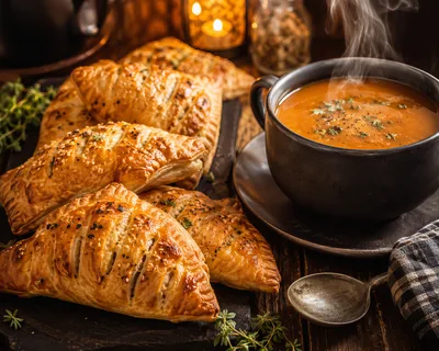 Freshly Baked Savory Pastries With Hot Tomato Soup