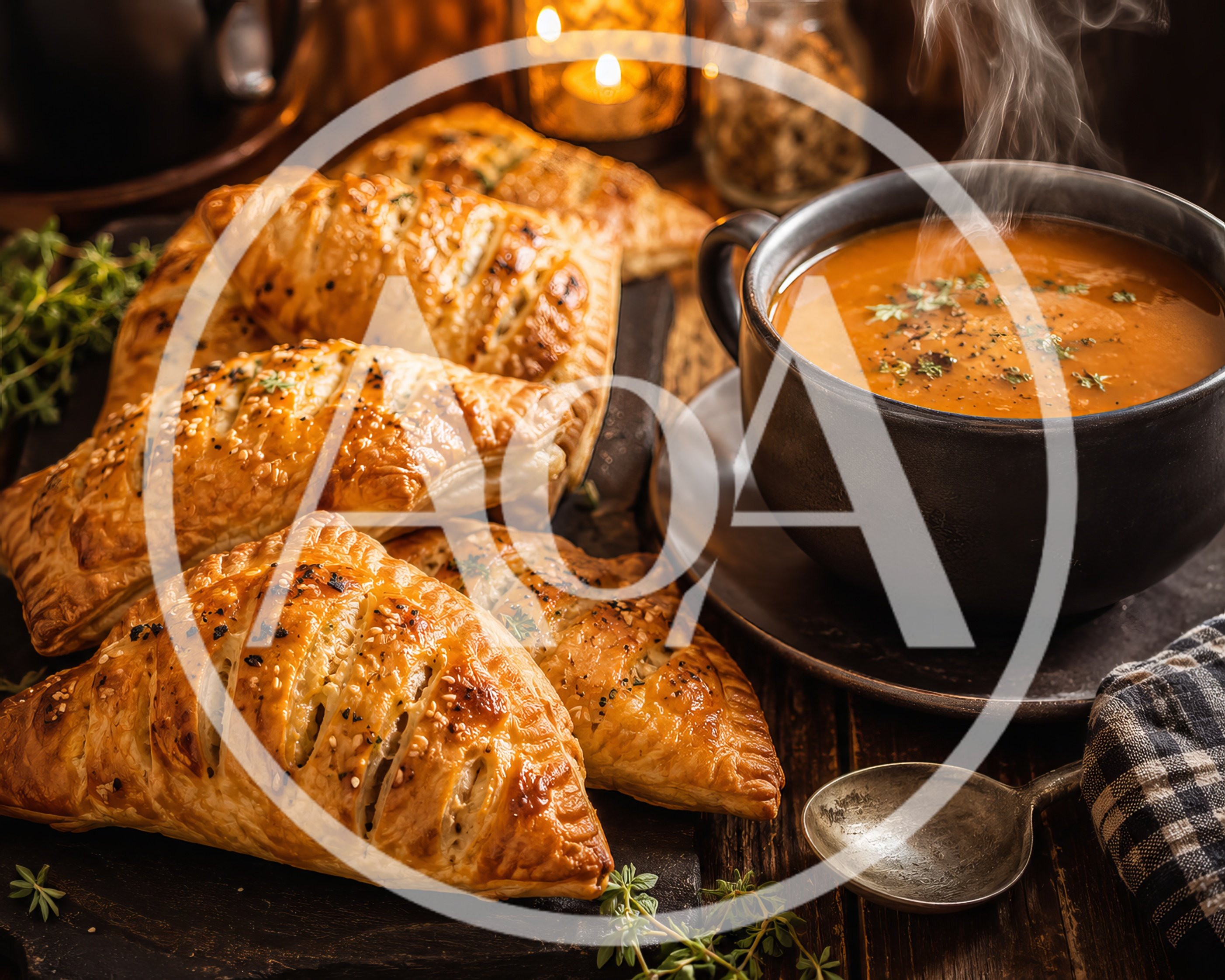 Freshly Baked Savory Pastries With Hot Tomato Soup