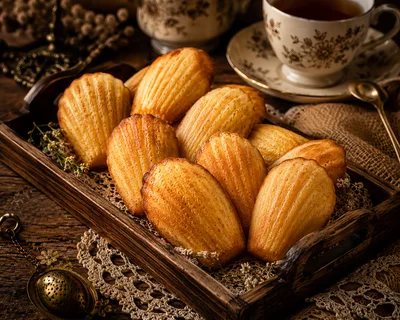 Freshly Baked Madeleines Served on a Wooden Tray