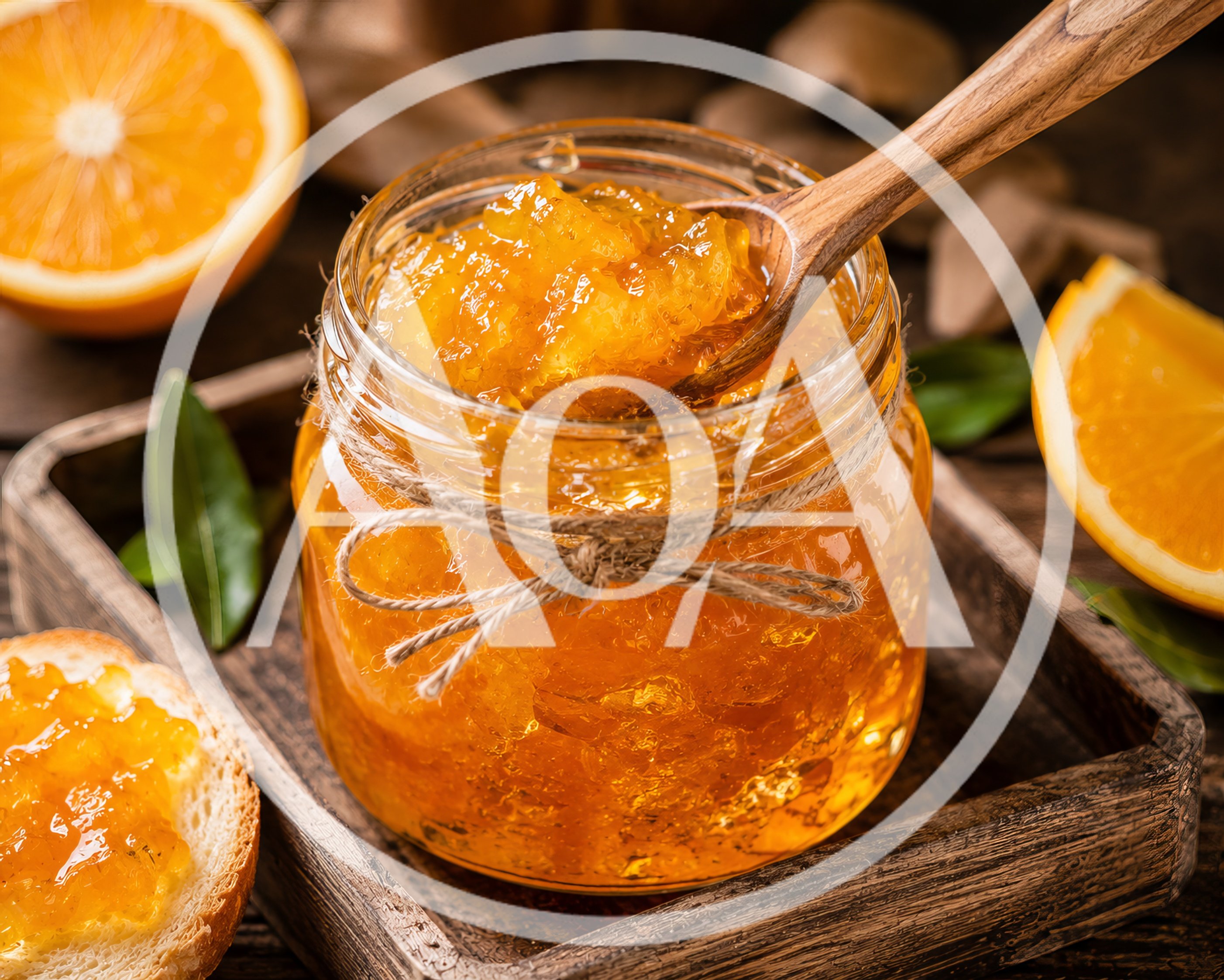 Glass Jar of Orange Marmalade with Wooden Spoon