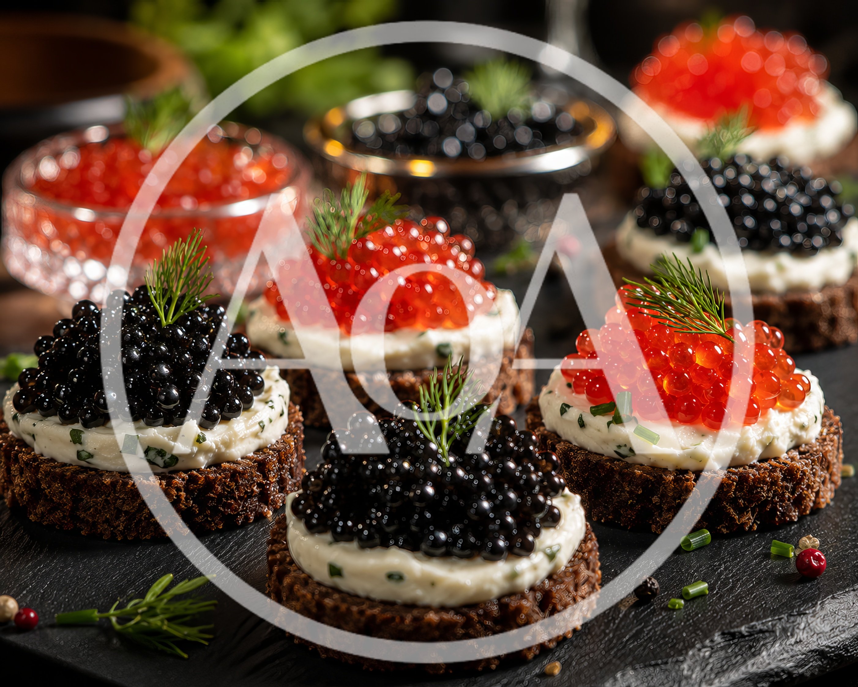 Gourmet Caviar Canapes On Dark Slate Platter