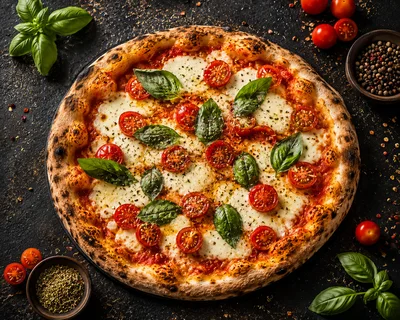 Fresh Margherita Pizza With Cherry Tomatoes And Basil