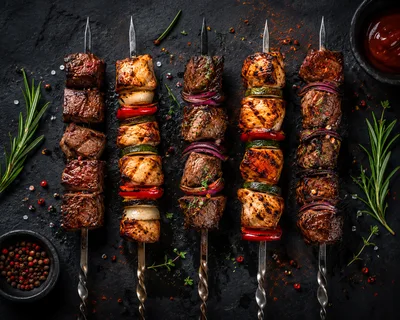 Grilled Meat And Vegetable Skewers On Dark Slate