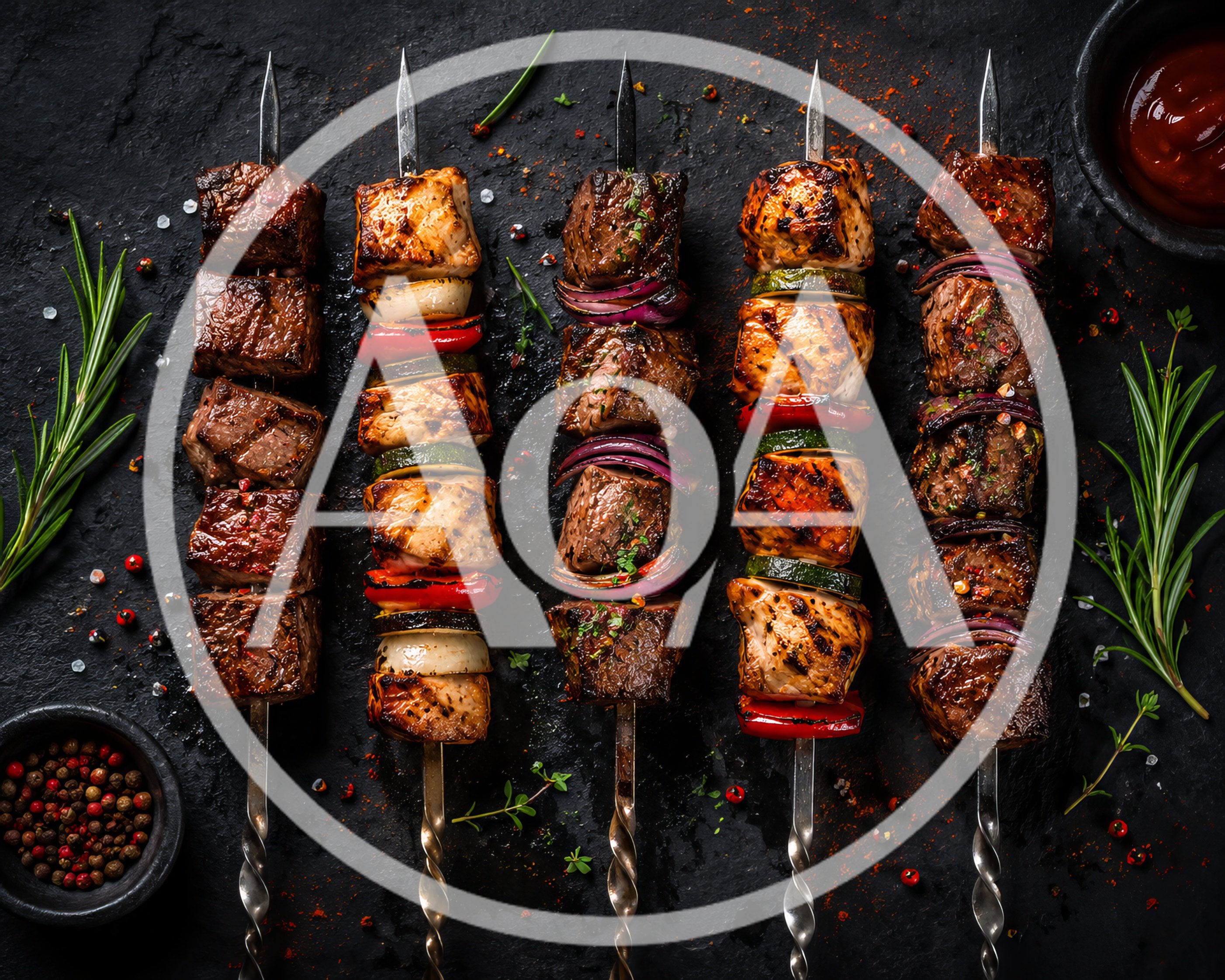 Grilled Meat And Vegetable Skewers On Dark Slate