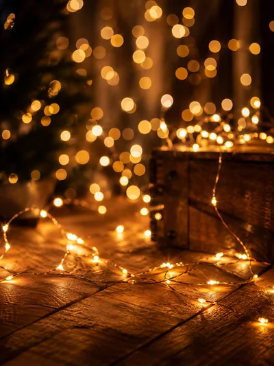 Warm Christmas Fairy Lights On Rustic Wooden Surface
