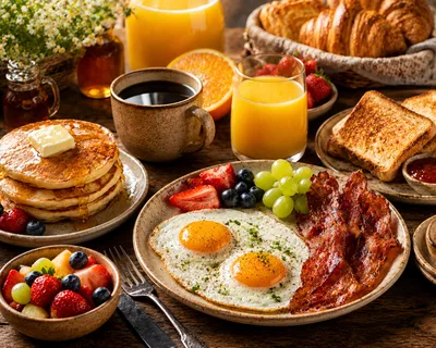 Hearty Breakfast Spread With Pancakes Eggs And Bacon