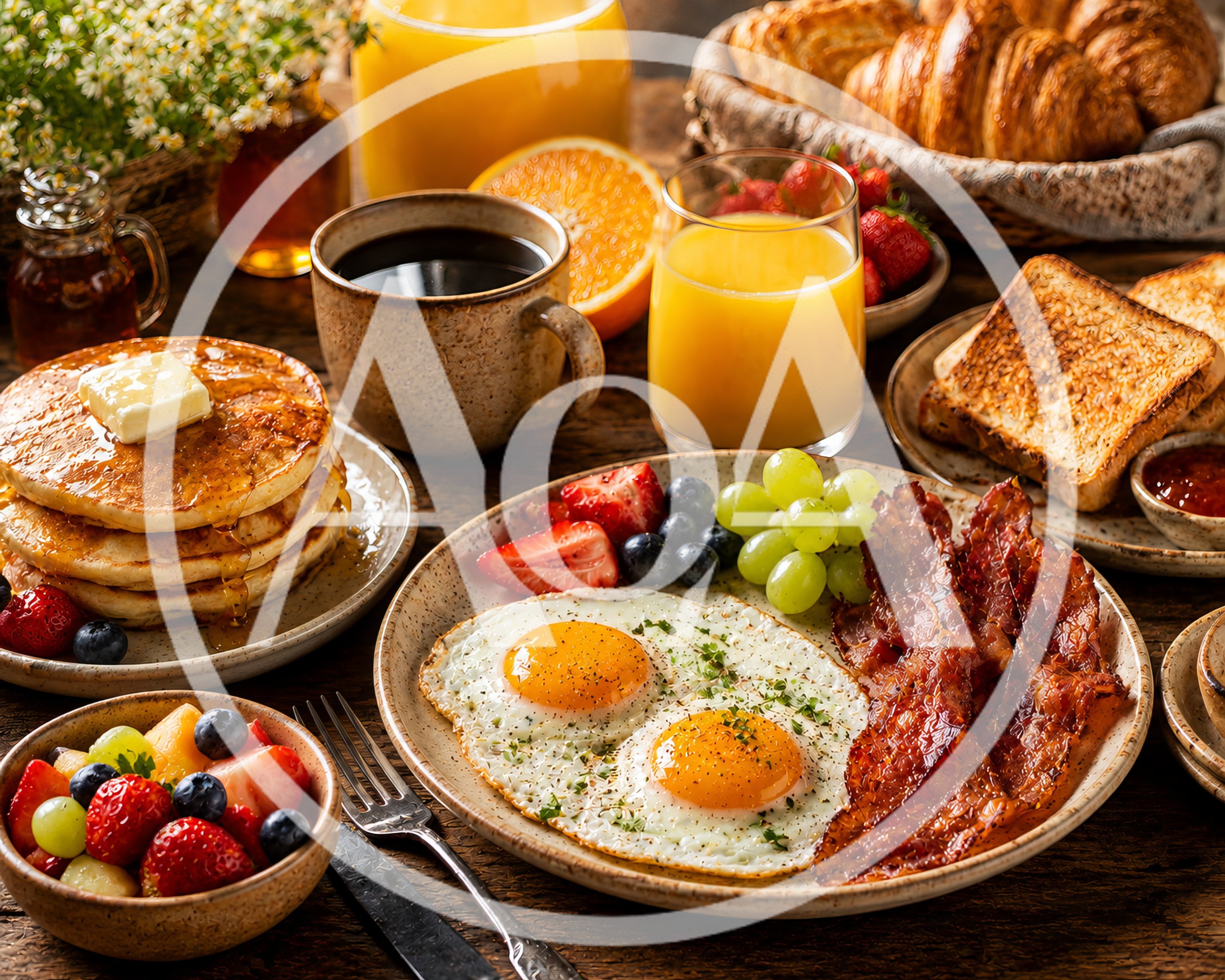 Hearty Breakfast Spread With Pancakes Eggs And Bacon