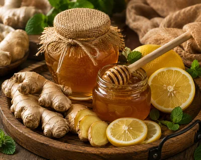 Honey Jar with Ginger and Lemon on Wooden Tray